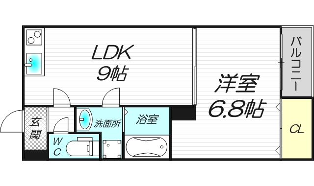 大阪府大阪市東淀川区菅原１丁目8-11,菅原１丁目ハイツ101号.1LDK[洋6.8j.LDK9j]36.85㎡.東向き.北東角.ディンプルWロック.オートライト.二重ガラス.手動シャッターの間取り図